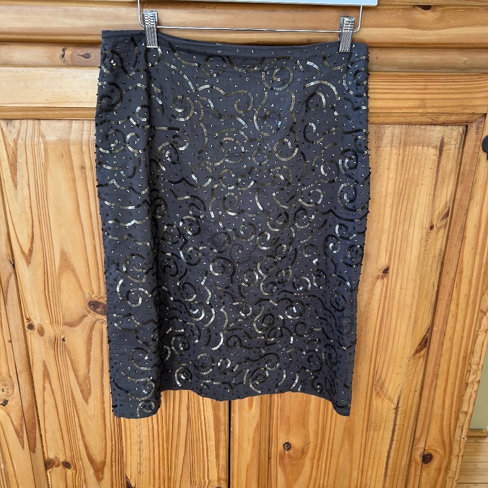 Fork Skirt Knee Length Brown with Gold Tone Sequins 100% Cotton Women's Size M